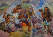 Художник: Покатаева Н.А. Плавка металла. 1970-е годы. Картон, масло.