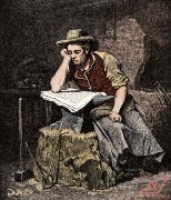 Цветная гравюра 1800 года "Young Blacksmith Reading a Newspaper / Молодой кузнец читает газету"